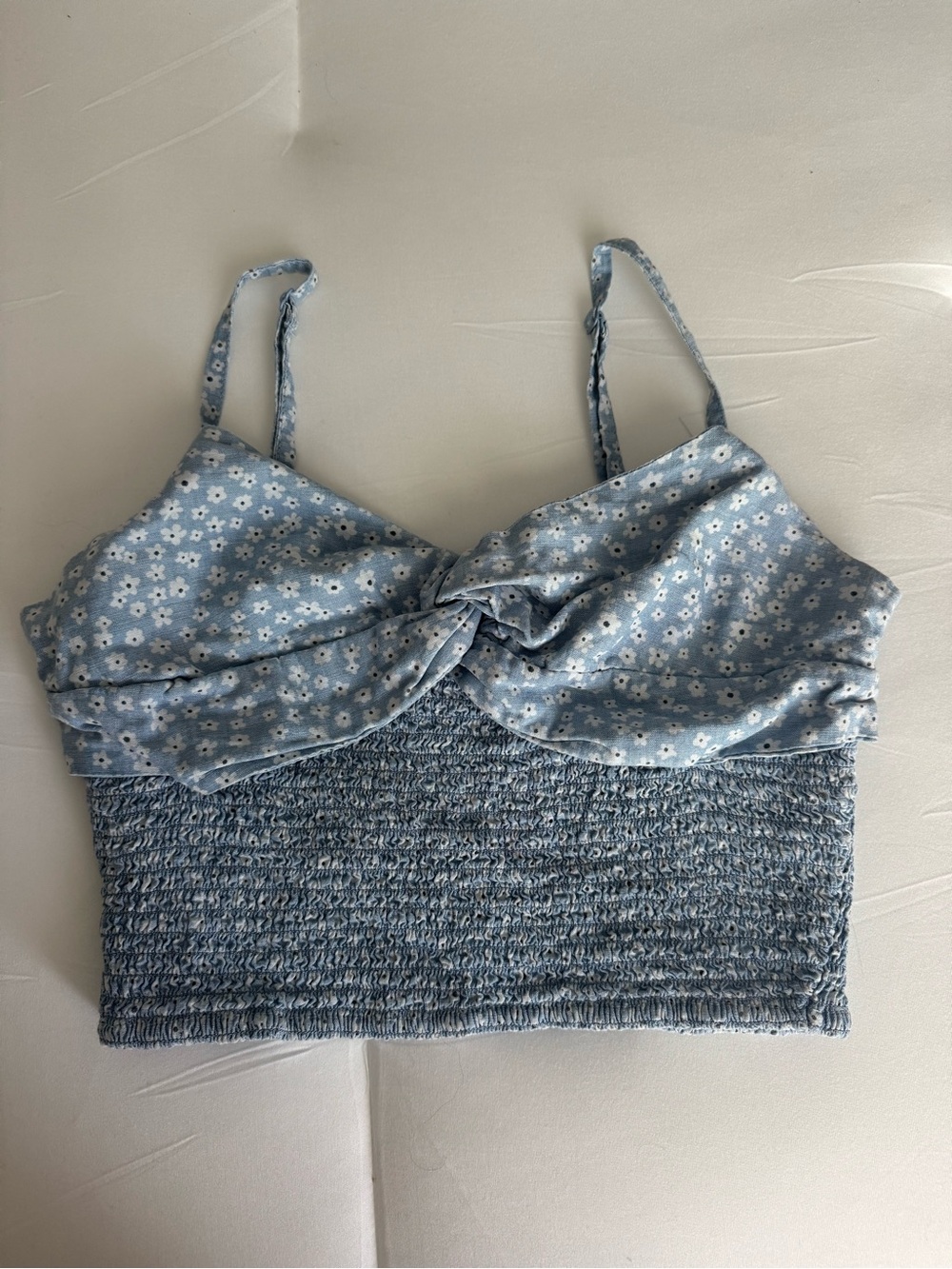 American Eagle Light Blue Floral Twist-Front Smocked Crop Tank Top